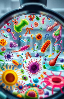 An intricate and colorful representation of various microorganisms and parasites under a microscope view
