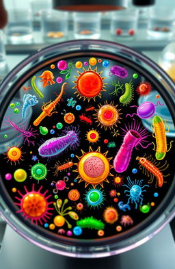 An intricate and colorful representation of various microorganisms and parasites under a microscope view