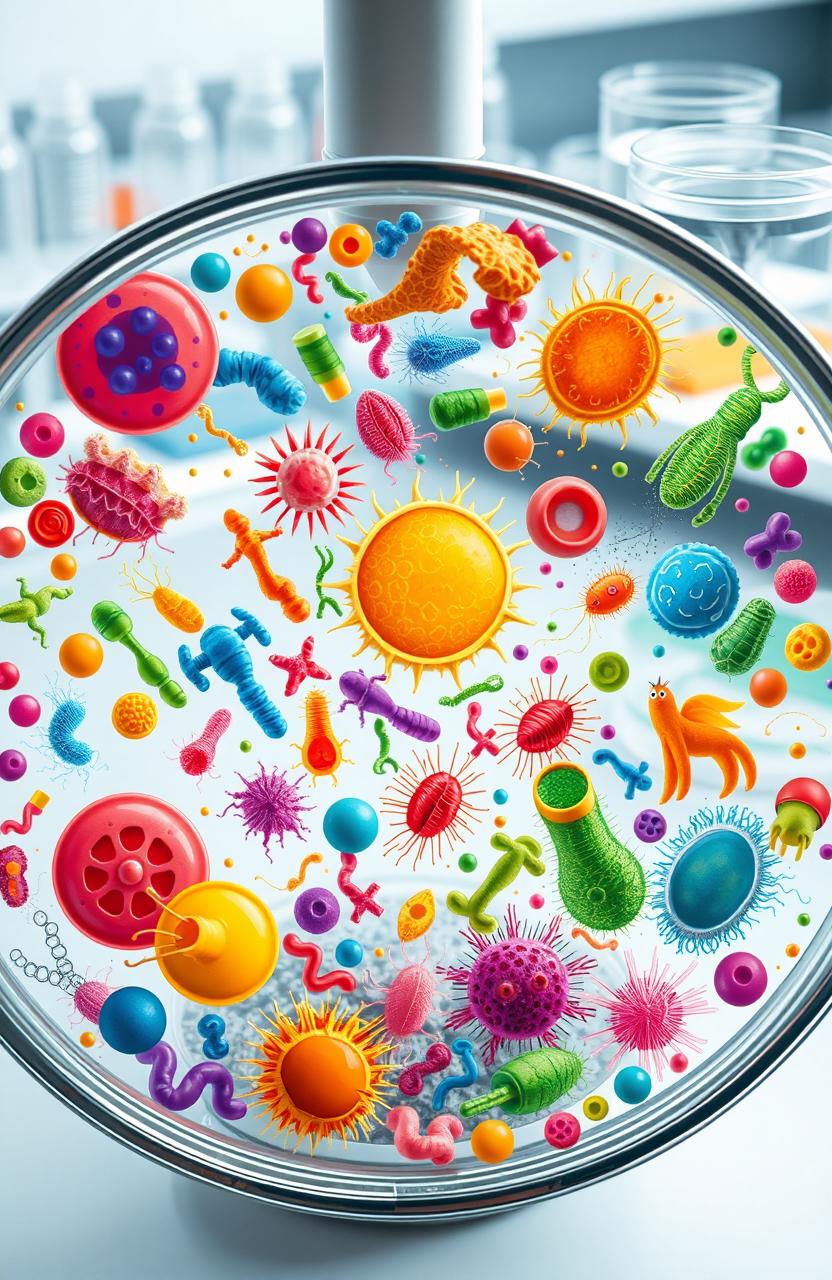 An intricate and colorful representation of various microorganisms and parasites under a microscope view