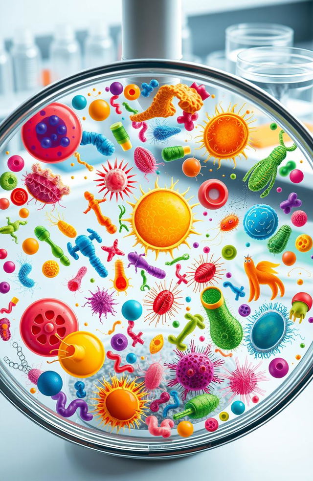 An intricate and colorful representation of various microorganisms and parasites under a microscope view