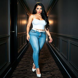 A full-length photograph of a sexy, stunning, and beautiful thick curvy girl with pale skin and very long black hair
