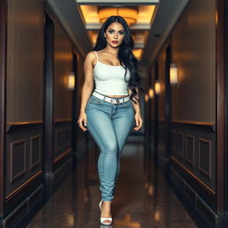 A full-length photograph of a sexy, stunning, and beautiful thick curvy girl with pale skin and very long black hair