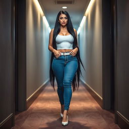 A full-length photograph of a sexy, stunning, and beautiful thick curvy girl with pale skin and very long black hair