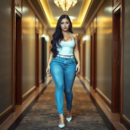 A full-length photograph of a sexy, stunning, and beautiful thick curvy girl with pale skin and very long black hair