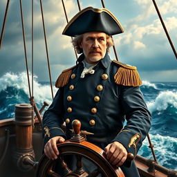 A heroic portrait of Commodore John Barry, revered as the 'Father of the American Navy', depicted on the deck of a historical naval ship during the American Revolutionary War