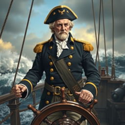 A heroic portrait of Commodore John Barry, revered as the 'Father of the American Navy', depicted on the deck of a historical naval ship during the American Revolutionary War