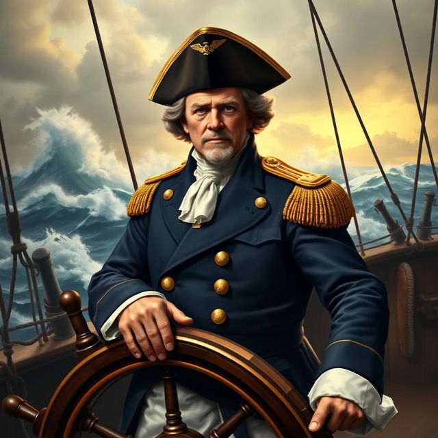 A heroic portrait of Commodore John Barry, revered as the 'Father of the American Navy', depicted on the deck of a historical naval ship during the American Revolutionary War