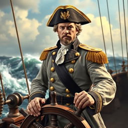 A heroic portrait of Commodore John Barry, revered as the 'Father of the American Navy', depicted on the deck of a historical naval ship during the American Revolutionary War