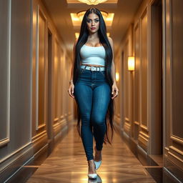 A full-length photograph of a sexy, stunning, and beautiful thick curvy girl with pale skin and very long black hair