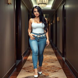 A full-length photograph of a sexy, stunning, and beautiful thick curvy girl with pale skin and very long black hair