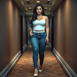 A full-length photograph of a sexy, stunning, and beautiful thick curvy girl with pale skin and long black hair