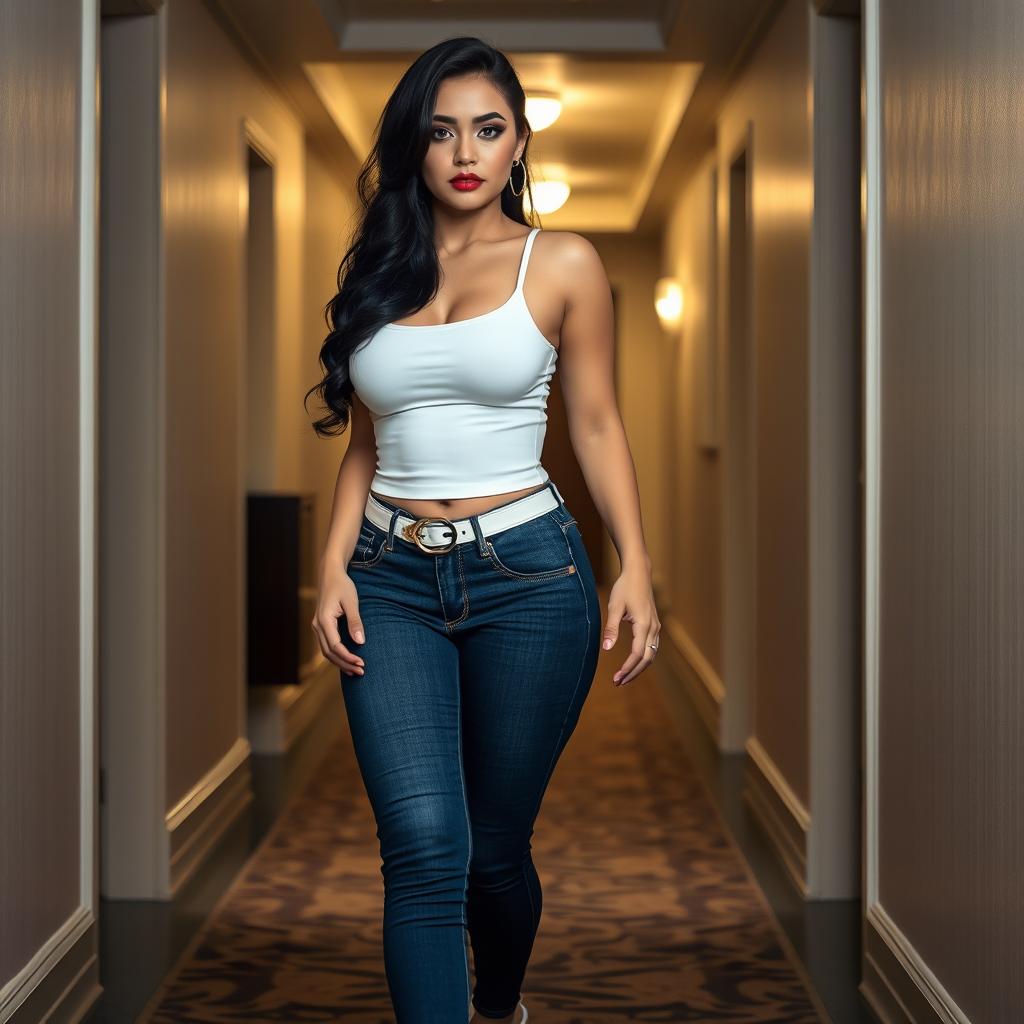 A full-length photograph of a sexy, stunning, and beautiful thick curvy girl with pale skin and long black hair