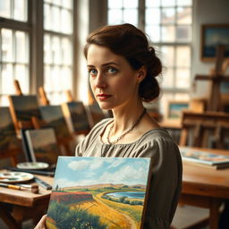 A beautiful portrayal of the historical figure and artist Paula Modersohn-Becker, depicted in her artistic studio, surrounded by her famous works