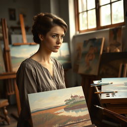 A beautiful portrayal of the historical figure and artist Paula Modersohn-Becker, depicted in her artistic studio, surrounded by her famous works