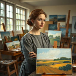 A beautiful portrayal of the historical figure and artist Paula Modersohn-Becker, depicted in her artistic studio, surrounded by her famous works