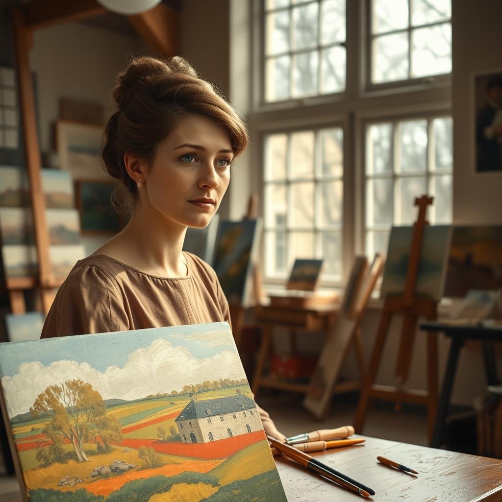 A beautiful portrayal of the historical figure and artist Paula Modersohn-Becker, depicted in her artistic studio, surrounded by her famous works