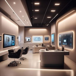 A sleek home automation office with neutral colored walls, modern furniture, and tech-themed accents. Display areas for smart products, a cozy consultation corner, and an efficient checkout space. An inviting atmosphere for tech lovers with integrated lighting and a clean aesthetic.