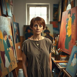 A portrait of the early 20th-century artist Paula Modersohn-Becker, depicted in her art studio surrounded by her vibrant, expressive paintings