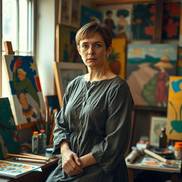 A portrait of the early 20th-century artist Paula Modersohn-Becker, depicted in her art studio surrounded by her vibrant, expressive paintings