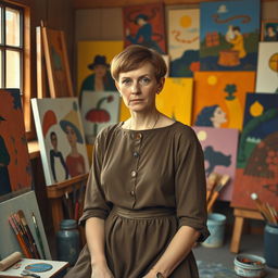 A portrait of the early 20th-century artist Paula Modersohn-Becker, depicted in her art studio surrounded by her vibrant, expressive paintings