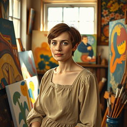 A portrait of the early 20th-century artist Paula Modersohn-Becker, depicted in her art studio surrounded by her vibrant, expressive paintings