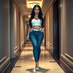 A full-length photograph of a sexy, stunning, and beautiful thick curvy girl with a soft face, pale skin, and long black hair