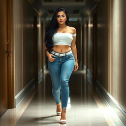 A full-length photograph of a sexy, stunning, and beautiful curvy girl with an innocent soft face, pale skin, and long black hair