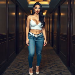 A full-length photograph of a sexy, stunning, and beautiful curvy girl with an innocent soft face, pale skin, and long black hair