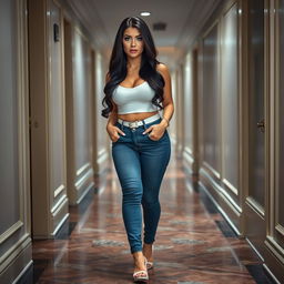 A full-length photograph of a sexy, stunning, and beautiful curvy girl with an innocent soft face, pale skin, and long black hair