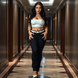 A full-length photograph of a sexy, stunning, and beautiful curvy girl with an innocent soft face, pale skin, and long black hair