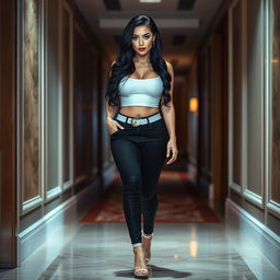 A full-length photograph of a sexy, stunning, and beautiful curvy girl with an innocent soft face, pale skin, and long black hair