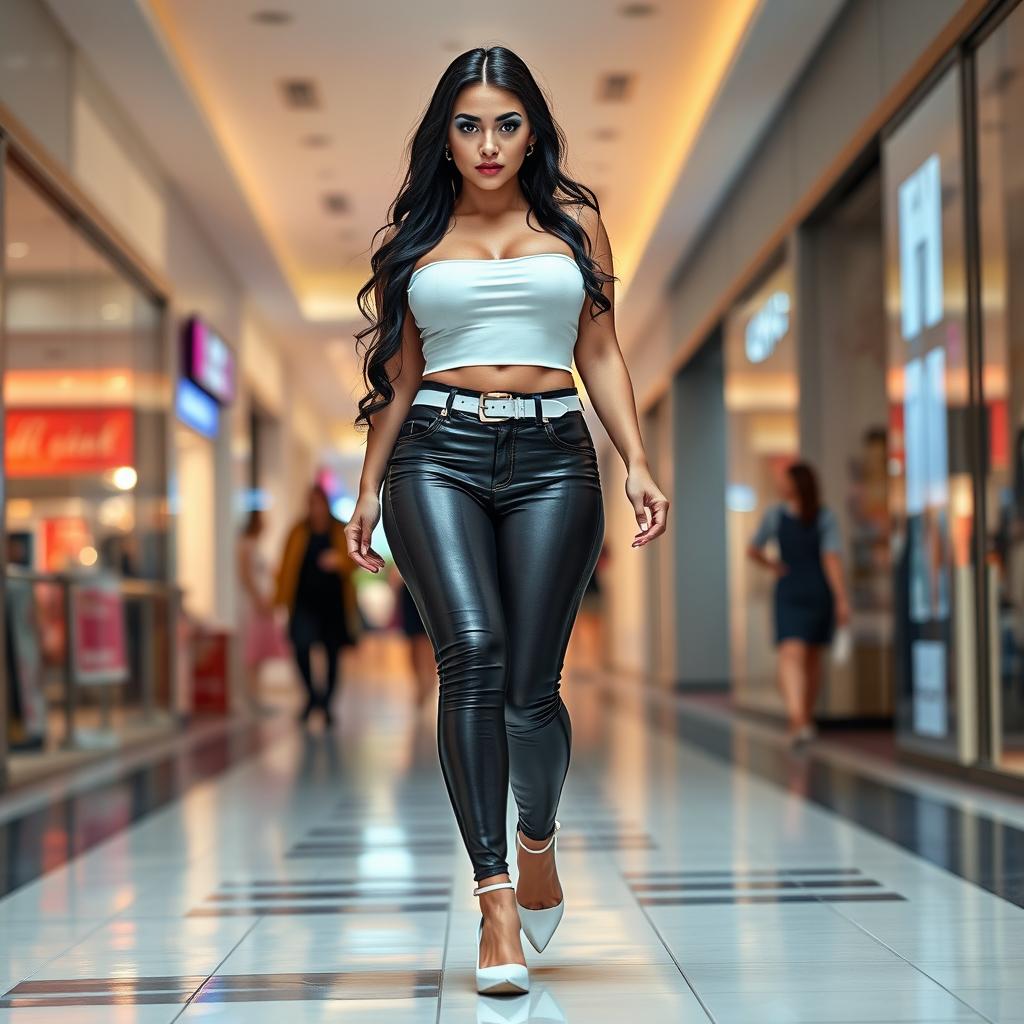 A full-length photograph of a sexy, stunning, and beautiful curvy girl with an innocent soft face, pale skin, and long black hair
