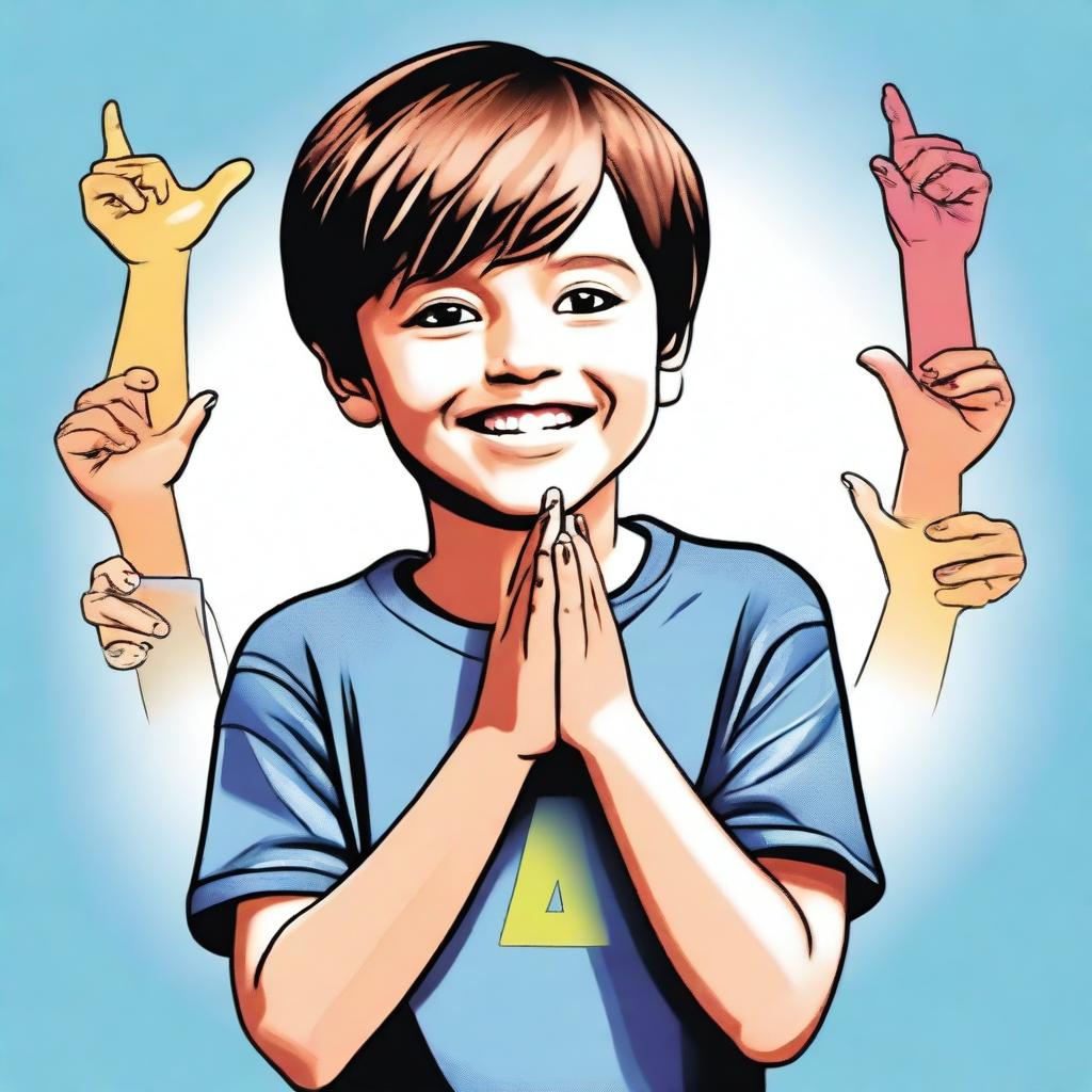 A top-quality digital art representation of a 7-year-old boy using American Sign Language (ASL)