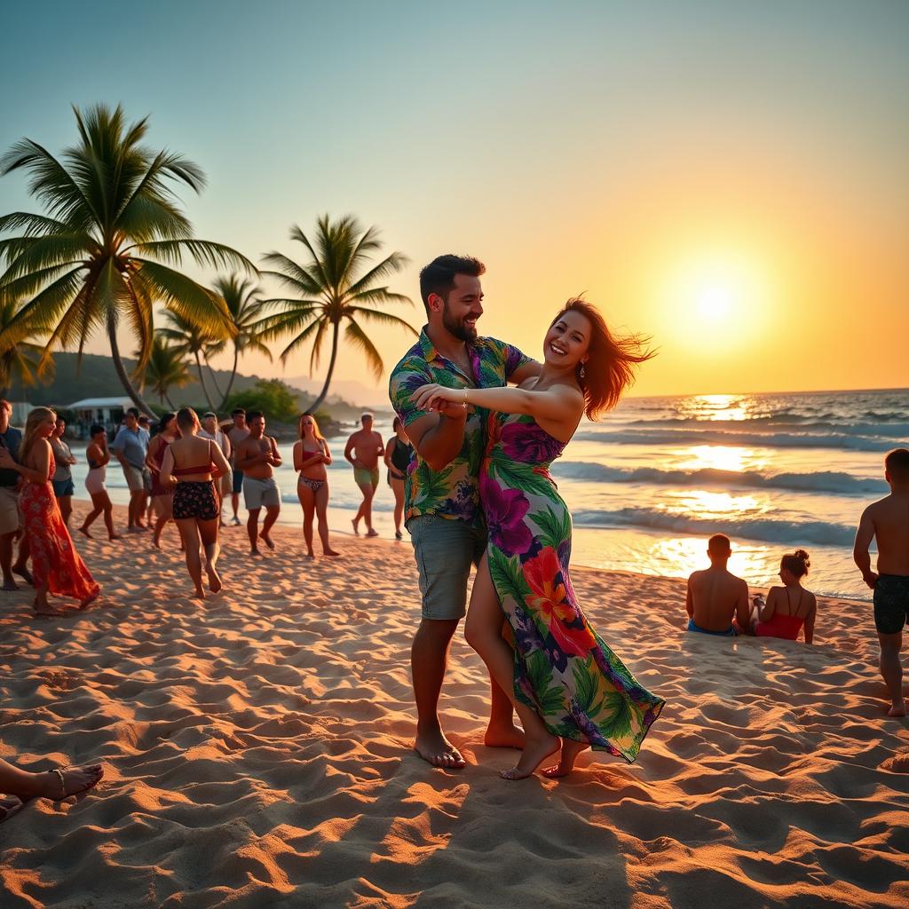 A vibrant beach scene showcasing a lively rumba dance