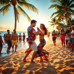 A vibrant beach scene showcasing a lively rumba dance