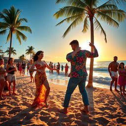 A vibrant beach scene showcasing a lively rumba dance