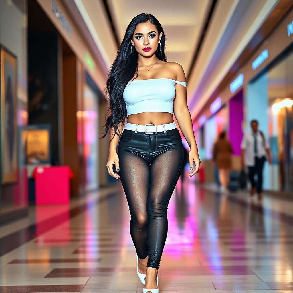 A full length photograph of a beautiful young woman with a soft face and curvy figure, embodying a seductive yet innocent look