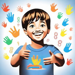 A top-quality digital art representation of a 7-year-old boy using American Sign Language (ASL)