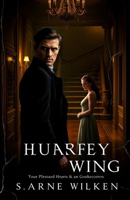 A dark and dramatic book cover featuring a cold, handsome man with sharp features and piercing eyes standing in the shadows of a lavish, dimly lit mansion