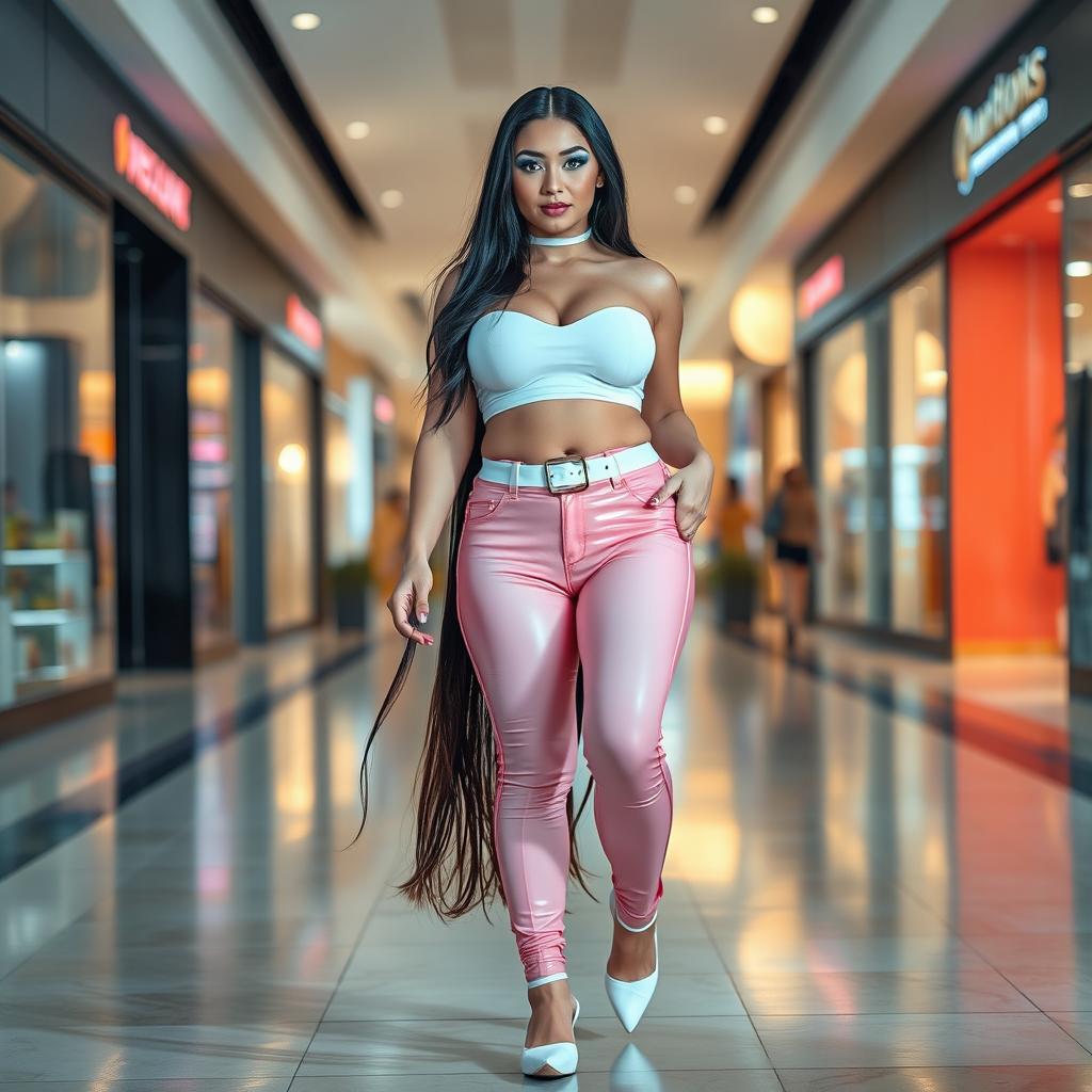 A full length photograph of a stunning young woman with a soft, innocent face and a curvy figure, exuding a sexy allure