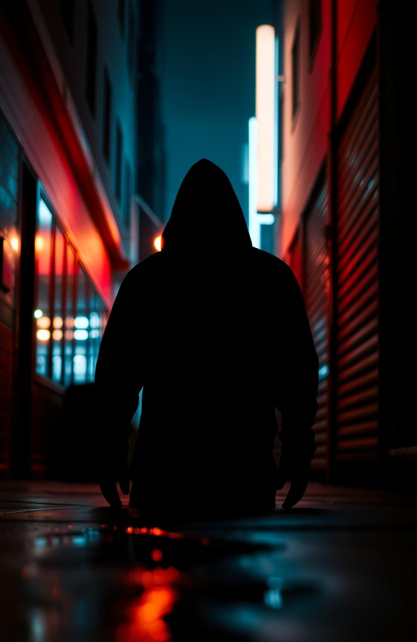 A shadowy figure lurking in the dimly lit alley, wearing a black hoodie, the city skyline faintly visible in the background