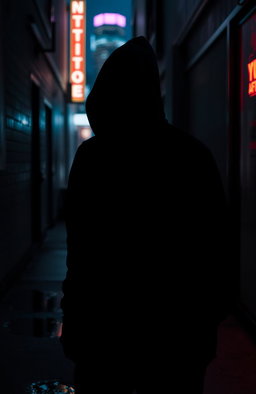 A shadowy figure lurking in the dimly lit alley, wearing a black hoodie, the city skyline faintly visible in the background