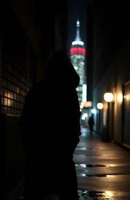 A shadowy figure lurking in the dimly lit alley, wearing a black hoodie, the city skyline faintly visible in the background