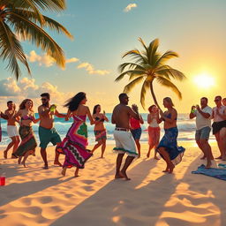 A vibrant beach scene depicting people engaged in lively rumba dancing