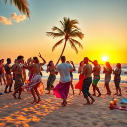 A vibrant beach scene depicting people engaged in lively rumba dancing