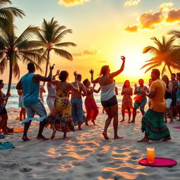 A vibrant beach scene depicting people engaged in lively rumba dancing