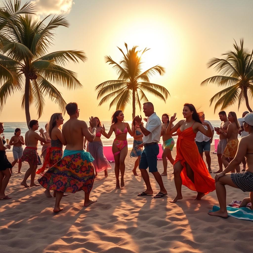 A vibrant beach scene depicting people engaged in lively rumba dancing