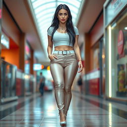 A full-length photograph of a stunning, curvy young woman walking towards you in a mall