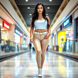A full-length photograph of a stunning, curvy young woman walking towards you in a mall