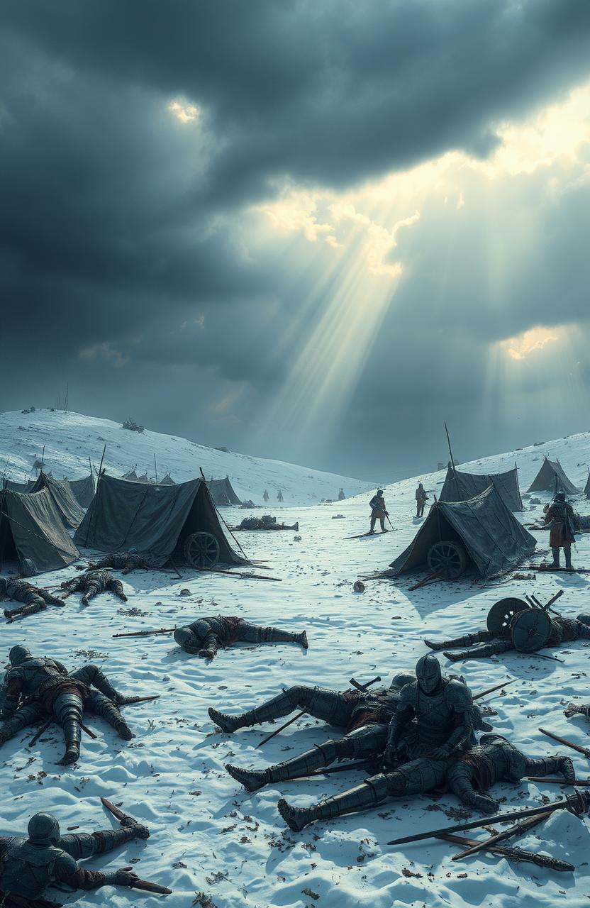 A snowy landscape depicting a medieval tent camp post-battle